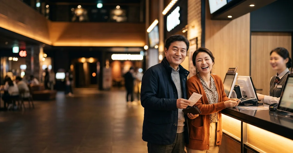 2026년 CGV 할인 카드 혜택을 확인하는 한국 중장년 부부